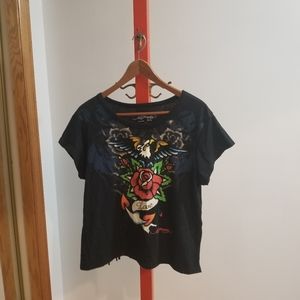 Ed Hardy Juniors Large Black Short Sleeved Shirt with Fringed Back